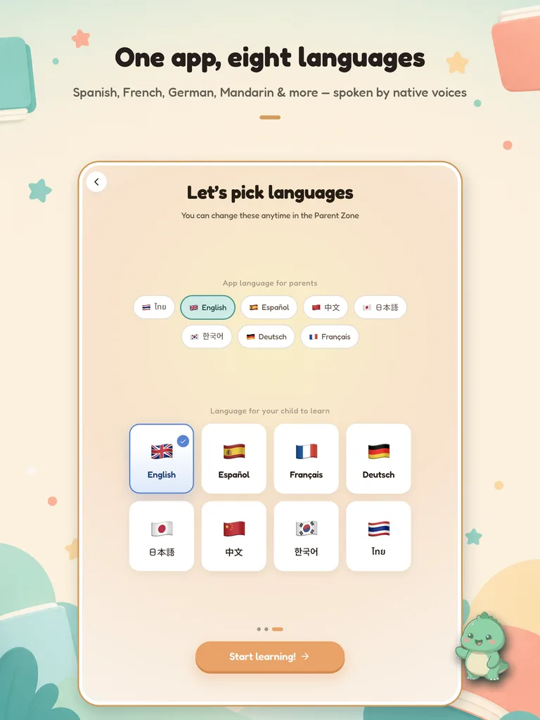 Language picker showing all eight supported languages on iPad