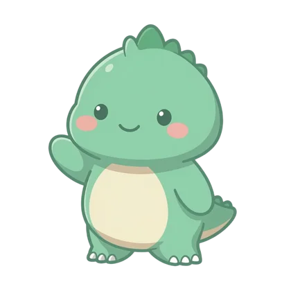 Tofu, the friendly green dinosaur mascot, waving